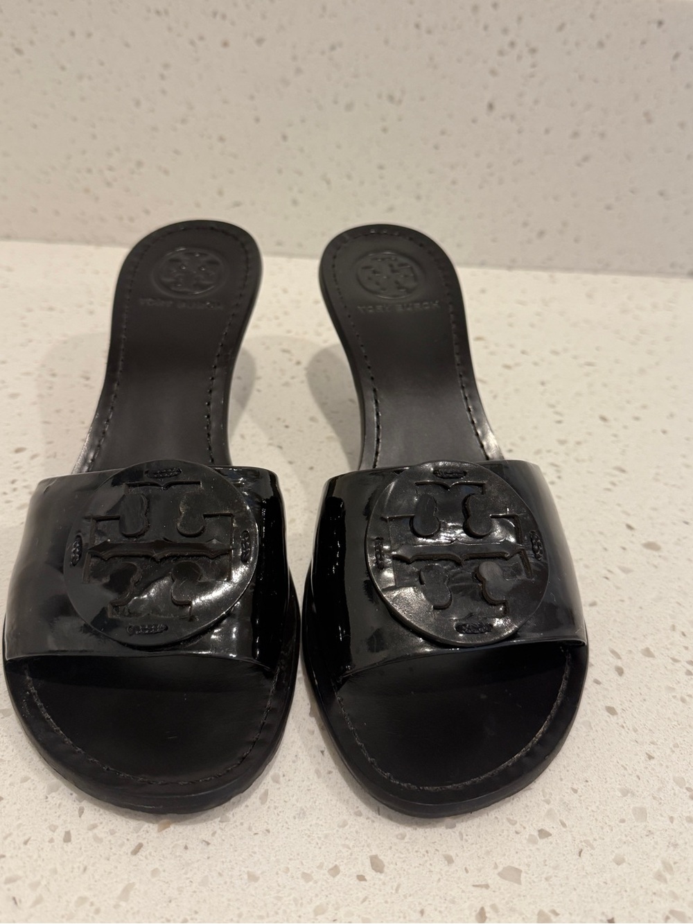 Tory Burch Black Patent Logo Slide Sandals
